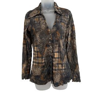 SNOSKINS Medium Crinkle Button Long Sleeve Patterned Shirt Blouse Stretchy Brown